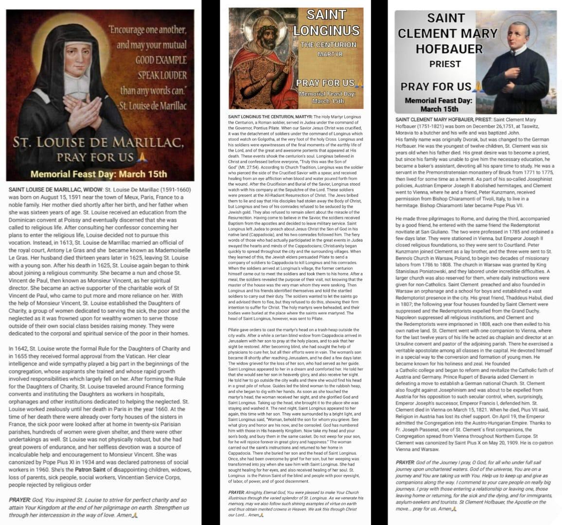 MEMORIAL OF SAINT LOUISE DE MARILLAC,  WIDOW; SAINT LONGINUS THE CENTURION, MARTYR AND SAINT CLEMENT MARY HOFBAUER, PRIEST